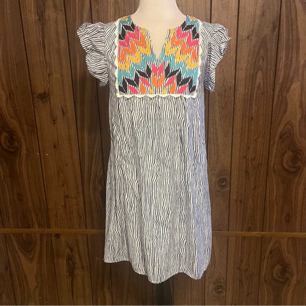 THML Blue/white Striped Short Sleeve Multicolor Embroidered Mini Dress Size S